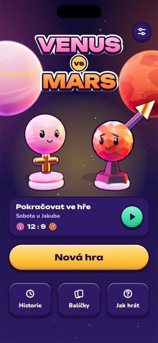 Úvodní obrazovka Venus vs Mars s figurkami Venus a Mars