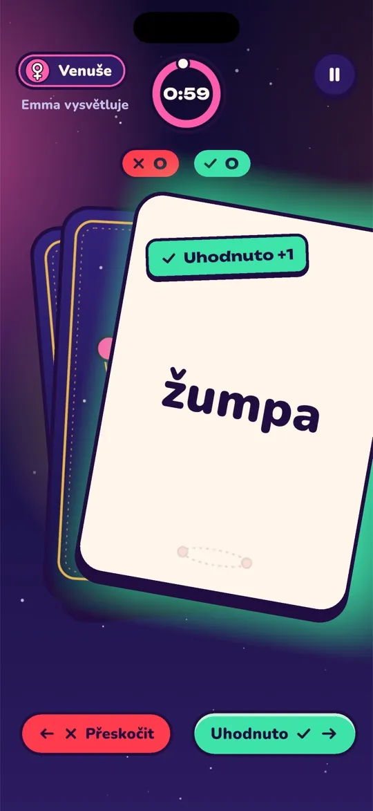 Karta se slovem posunutá doprava jako uhodnutá v tahu Venus