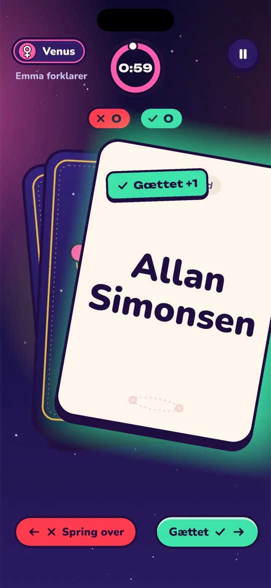 Et ordkort swipet til højre som gættet i Venus' tur