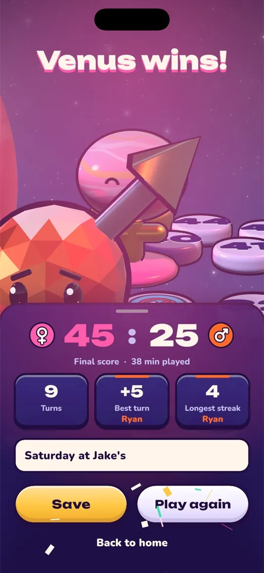 Victory screen showing Venus winning 45 to 25