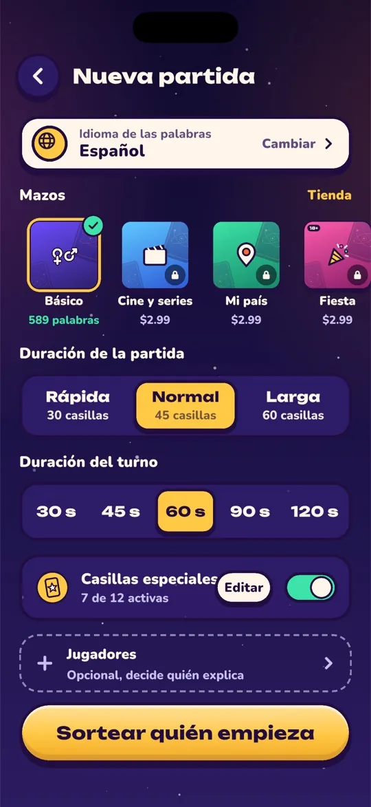 Pantalla de nueva partida con barajas, duración de la partida y del turno