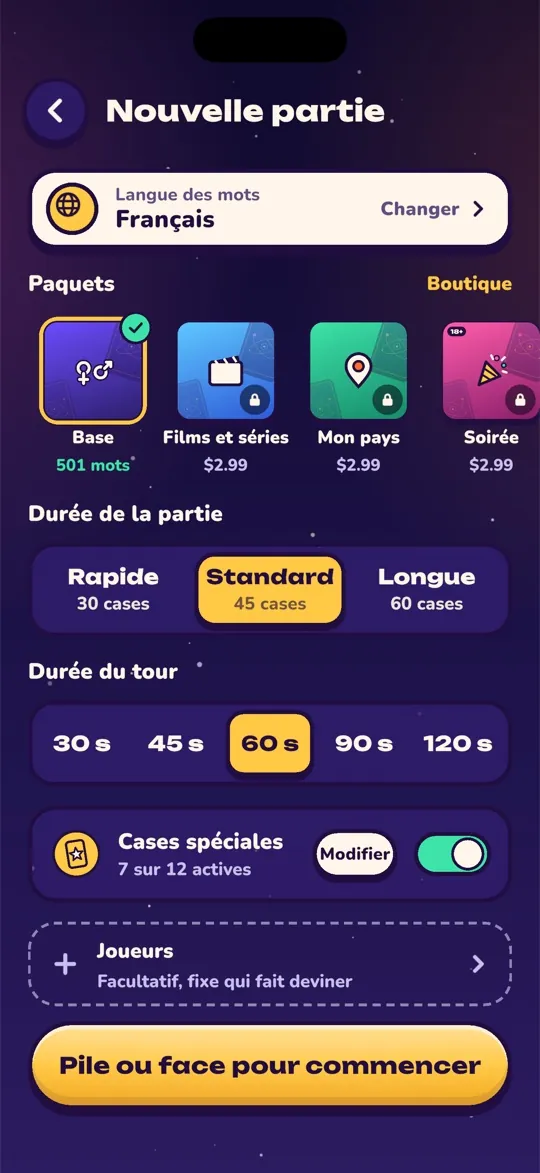 Écran Nouvelle partie avec les paquets, la durée de partie et la durée du tour