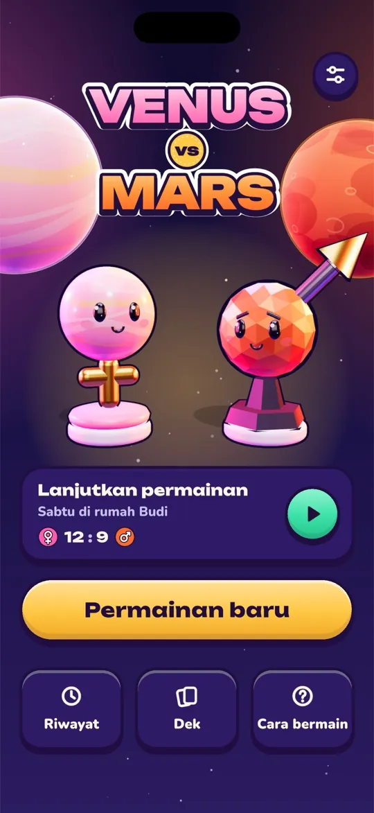 Layar utama Venus vs Mars dengan bidak Venus dan Mars