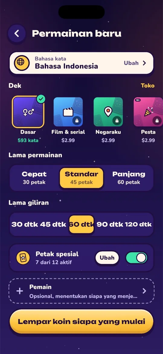 Layar permainan baru dengan dek, panjang permainan, dan waktu giliran