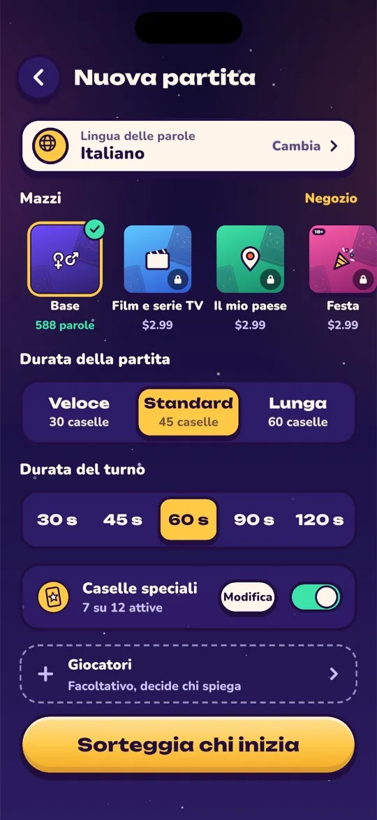 Schermata Nuova partita con mazzi, durata della partita e del turno
