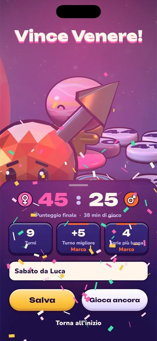 Schermata di vittoria: Venus vince 45 a 25