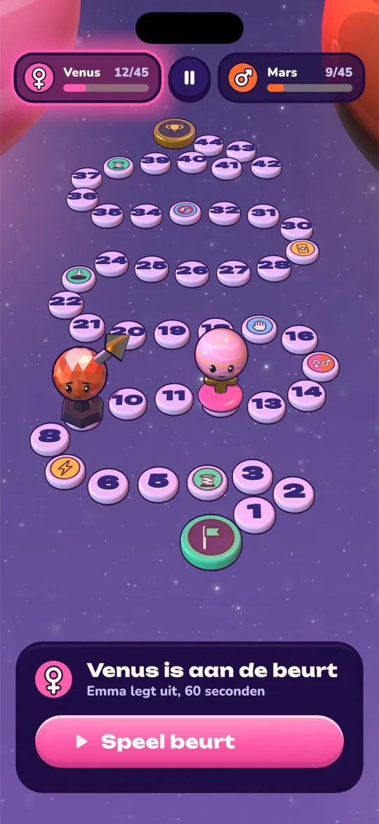 3D-spelbord met de pionnen van Venus en Mars