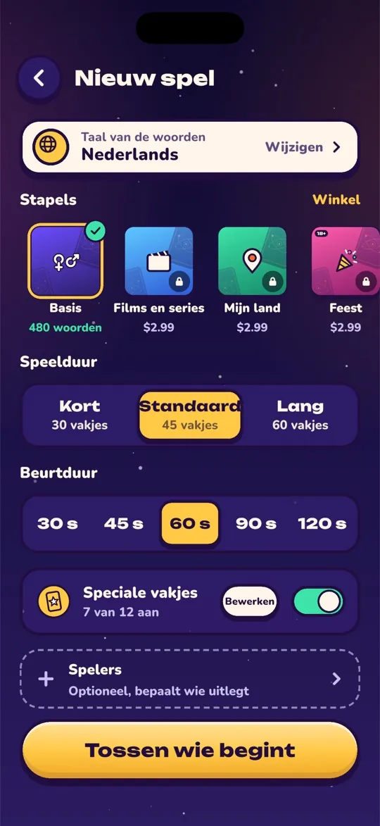 Scherm Nieuw spel met decks, spelduur en beurttijd