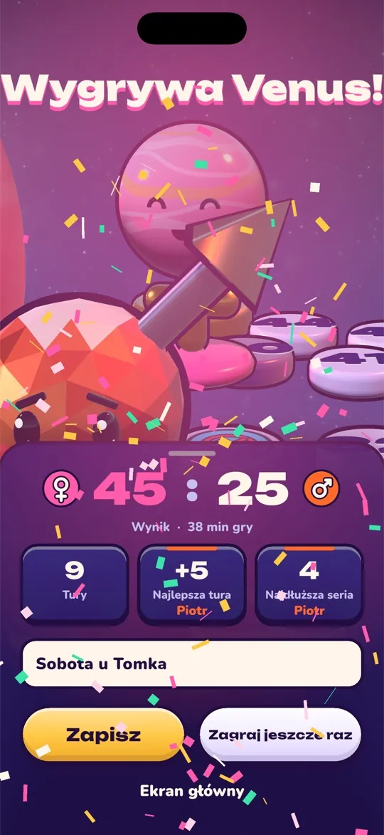 Ekran wygranej: Venus wygrywa 45 do 25