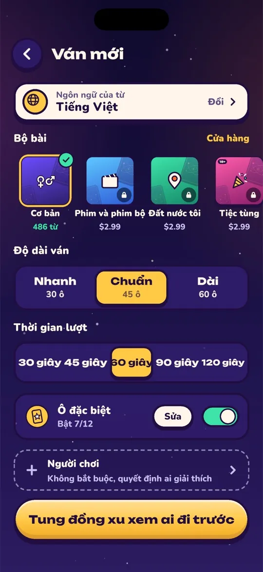 Màn hình ván mới với các bộ thẻ, độ dài ván và thời gian mỗi lượt